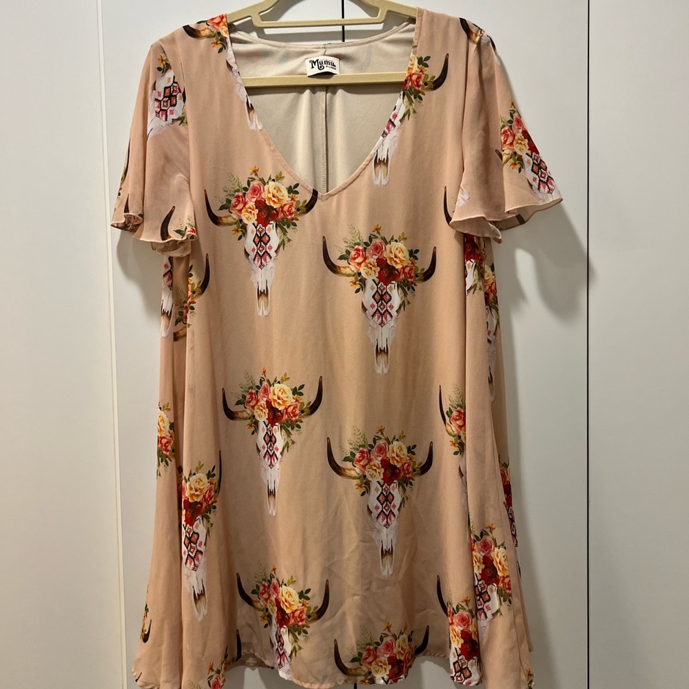 Show Me Your Mumu Peach Dress Top with Floral and Horns Print